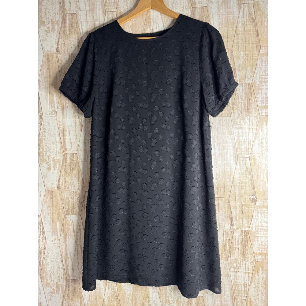 LOFT Black Clip Dot Short Sleeve Shift Dress Womens Medium Lined